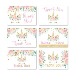 24 unicorn baby shower thank you cards with envelopes, kids thank-you note, 4x6 gratitude card gift for guest pack for party, birthday, for girl children, cute magical pink floral event stationery