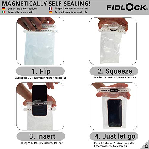 FIDLOCK Hermetic Dry Bag Medi - Flexible Magnetic Self-Sealing Bag for Cellphone | 100% Waterproof and Sand Proof - Practical Size with a Large Opening, with Lanyard included - Transparent