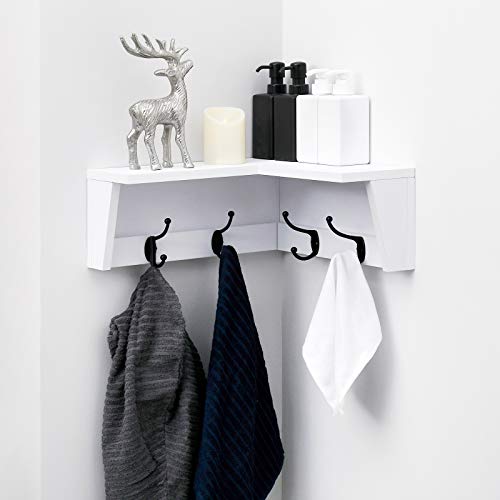 WELLAND Corner Shelf Wall Mounted, Corner Floating Coat Rack Shelf, Corner Hanging Coat Rack with 4 Hooks