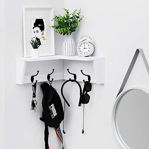 WELLAND Corner Shelf Wall Mounted, Corner Floating Coat Rack Shelf, Corner Hanging Coat Rack with 4 Hooks