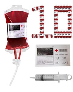 blood bags for halloween party drink favors and supplies 10 pack with fake blood type stickers extra syringe and clips, iv bags for drinks for vampire/nurse/hospital theme party props