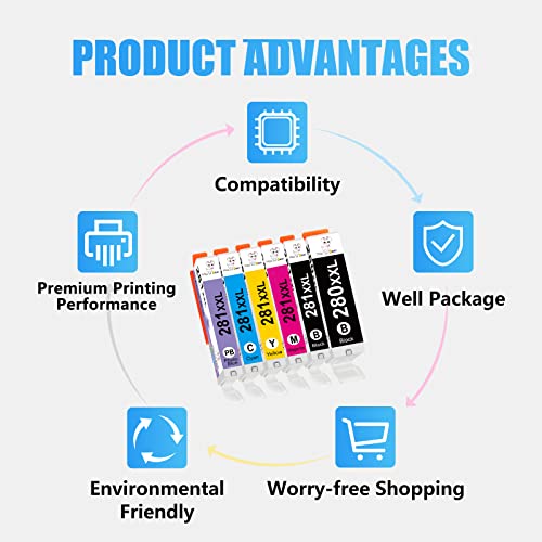 Miss Deer 280 281 Ink Cartridges Compatible Replacement for Canon PGI-280XXL CLI-281XXL PGI280 CLI281 Used with Canon PIXMA TS9120 TS8120 TS8220 TS8320 TS9100 TS8100 TS8300(with Photo Blue)