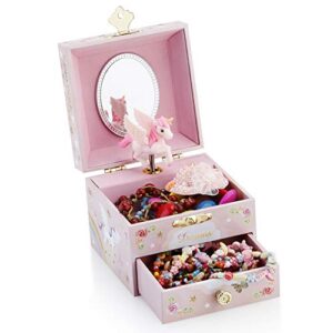 RR ROUND RICH DESIGN Kids Musical Jewelry Box for Girls with Drawer and Jewelry Set with Mysterious Unicorn - Over the Waves Tune Pink