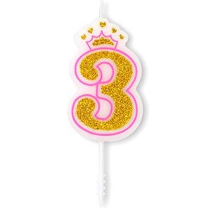 dollet pink crown candle numbers with gold glitter birthday candle cake topper for birthday anniversary parties, number 3