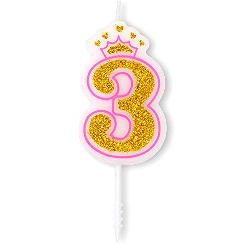 Dollet Pink Crown Candle Numbers with Gold Glitter Birthday Candle Cake Topper for Birthday Anniversary Parties, Number 3