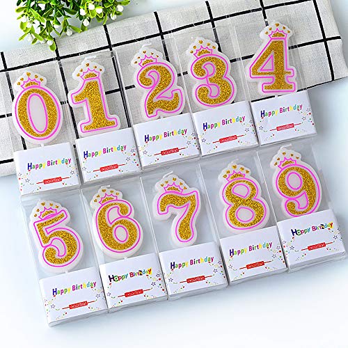 Dollet Pink Crown Candle Numbers with Gold Glitter Birthday Candle Cake Topper for Birthday Anniversary Parties, Number 3