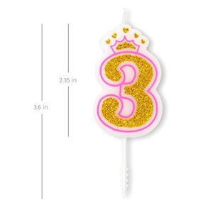 Dollet Pink Crown Candle Numbers with Gold Glitter Birthday Candle Cake Topper for Birthday Anniversary Parties, Number 3