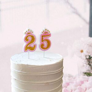 Dollet Pink Crown Candle Numbers with Gold Glitter Birthday Candle Cake Topper for Birthday Anniversary Parties, Number 3