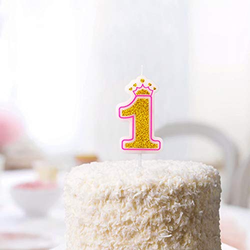 Dollet Pink Crown Candle Numbers with Gold Glitter Birthday Candle Cake Topper for Birthday Anniversary Parties, Number 3