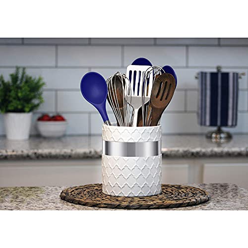 Home Acre Designs Kitchen Utensil Holder - Large Ceramic Farmhouse Countertop Crock, White/Silver