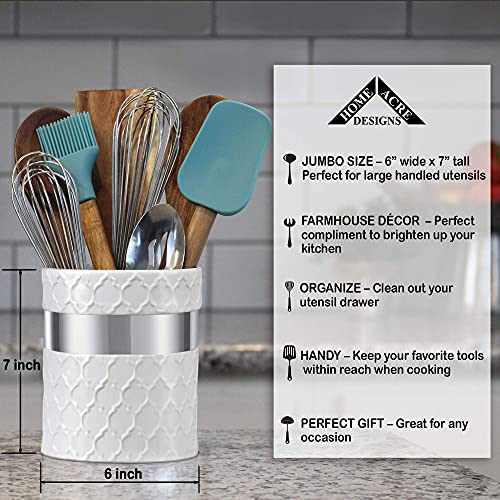 Home Acre Designs Kitchen Utensil Holder - Large Ceramic Farmhouse Countertop Crock, White/Silver