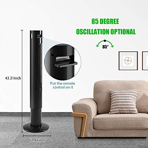 Kismile 43” Portable Quiet Tower Fan with Oscillation,Remote Control,3 Powerful Wind Speed and 3 Modes Setting, Built in 12 H Timer LED Display Compact Standing Fan for Bedroom,Home,Office (43 Inch, Black)