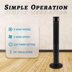 Kismile 43” Portable Quiet Tower Fan with Oscillation,Remote Control,3 Powerful Wind Speed and 3 Modes Setting, Built in 12 H Timer LED Display Compact Standing Fan for Bedroom,Home,Office (43 Inch, Black)