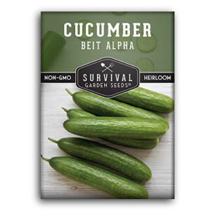 survival garden seeds - beit alpha cucumber seed for planting - pack with instructions to plant and grow smooth green burpless cucumbers in your home vegetable garden - non-gmo heirloom variety