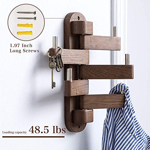 Coat Hooks for Wall, Walnut Wood Wall Hooks with 5 Swivel Foldable Arms, 12'' Length Wall Coat Rack Hat Hooks for Bathroom Entryway Bedroom Office Kitchen, Heavy Duty