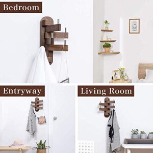 Coat Hooks for Wall, Walnut Wood Wall Hooks with 5 Swivel Foldable Arms, 12'' Length Wall Coat Rack Hat Hooks for Bathroom Entryway Bedroom Office Kitchen, Heavy Duty