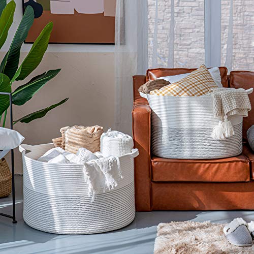 INDRESSME XXXL Large Woven Basket (Set of 2) -Woven Baby Laundry Basket for Blankets, Toys, Pillow Cotton Rope with Handles