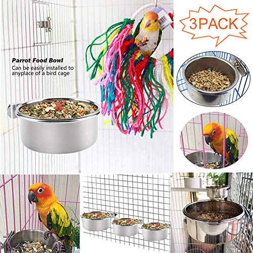 PINVNBY Bird Feeding Dish Cups Parrot Stainless Steel Food Water Dish Perch Stand Platform Feeder Cage Bowl with Clamp Holder for Cockatiel Budgies Parakeet Macaw Small Animal Chinchilla(5 Pack)