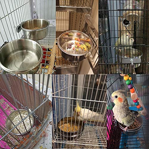 PINVNBY Bird Feeding Dish Cups Parrot Stainless Steel Food Water Dish Perch Stand Platform Feeder Cage Bowl with Clamp Holder for Cockatiel Budgies Parakeet Macaw Small Animal Chinchilla(5 Pack)