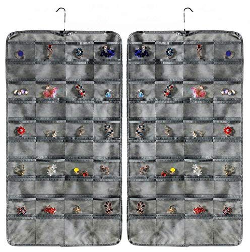 AARAINBOW Hanging Jewelry Organizer Dual-Sided Closet Accesoory Organizer with 80 Pockets Jewelry Hanger for Earrings, Necklaces, Rings on Closet, Wall, Door (Gray)