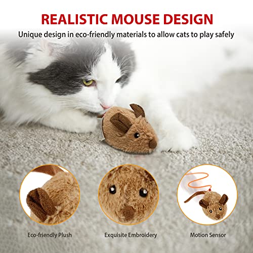 Gigwi Interactive Cat Toy Mouse, Moving Automatic Cat Toys Mice Electronic with Furry Tail, Automatic Squeaky Cat Toys for Kitten Indoor/Outdoor Exercise (Brown-Ear)