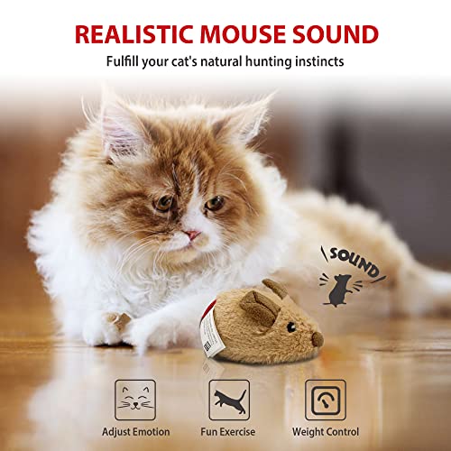 Gigwi Interactive Cat Toy Mouse, Moving Automatic Cat Toys Mice Electronic with Furry Tail, Automatic Squeaky Cat Toys for Kitten Indoor/Outdoor Exercise (Brown-Ear)