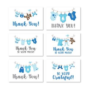 24 blue clothesline baby shower thank you cards with envelopes, boy sprinkle thank-you note, 4x6 gratitude card gift for guest pack, gender reveal diy so grateful varied little onesie event stationery