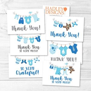24 Blue Clothesline Baby Shower Thank You Cards With Envelopes, Boy Sprinkle Thank-You Note, 4x6 Gratitude Card Gift For Guest Pack, Gender Reveal DIY So Grateful Varied Little Onesie Event Stationery