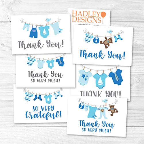 24 Blue Clothesline Baby Shower Thank You Cards With Envelopes, Boy Sprinkle Thank-You Note, 4x6 Gratitude Card Gift For Guest Pack, Gender Reveal DIY So Grateful Varied Little Onesie Event Stationery