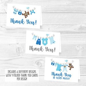 24 Blue Clothesline Baby Shower Thank You Cards With Envelopes, Boy Sprinkle Thank-You Note, 4x6 Gratitude Card Gift For Guest Pack, Gender Reveal DIY So Grateful Varied Little Onesie Event Stationery