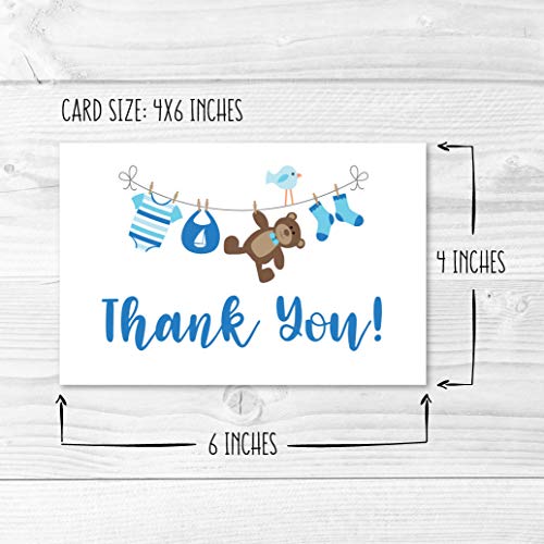 24 Blue Clothesline Baby Shower Thank You Cards With Envelopes, Boy Sprinkle Thank-You Note, 4x6 Gratitude Card Gift For Guest Pack, Gender Reveal DIY So Grateful Varied Little Onesie Event Stationery