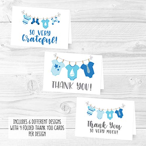 24 Blue Clothesline Baby Shower Thank You Cards With Envelopes, Boy Sprinkle Thank-You Note, 4x6 Gratitude Card Gift For Guest Pack, Gender Reveal DIY So Grateful Varied Little Onesie Event Stationery