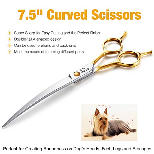 JASON 7.5" Curved Dog Grooming Scissors, Cats Grooming Shears Pets Trimming Kit for Right Handed Groomers, Sharp, Comfortable, Light-Weight Shear