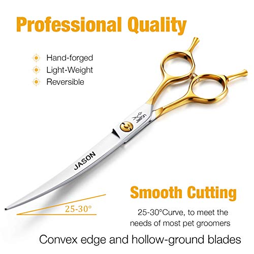 JASON 7.5" Curved Dog Grooming Scissors, Cats Grooming Shears Pets Trimming Kit for Right Handed Groomers, Sharp, Comfortable, Light-Weight Shear