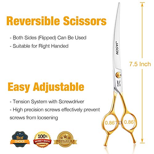 JASON 7.5" Curved Dog Grooming Scissors, Cats Grooming Shears Pets Trimming Kit for Right Handed Groomers, Sharp, Comfortable, Light-Weight Shear