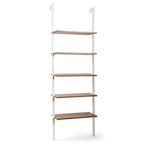 tangkula 5-shelf bookcase, modern 5-tier wood wall mounted ladder bookshelf with metal frame, 72 inches tall industrial open ladder shelf display rack storage shelves for home office (white, 1)