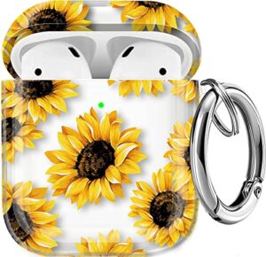 maxjoy for airpods case cover, sunflower floral clear air pod case for women girls cute hard protective ipod cover with keychain compatible airpod 2nd 1st gen charging case 2&1, flower