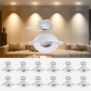12 pack gimbal led recessed lighting 6 inch, 12w 1200lm (110w eqv.) 360°rotation led recessed light with acrylic lens, 3 color selectable led can lights, cri90 dimmable downlight, ic rated