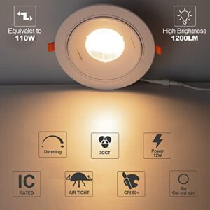 12 Pack Gimbal LED Recessed Lighting 6 Inch, 12W 1200LM (110W Eqv.) 360°Rotation LED Recessed Light with Acrylic Lens, 3 Color Selectable LED Can Lights, CRI90 Dimmable Downlight, IC Rated