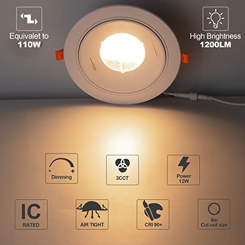 12 Pack Gimbal LED Recessed Lighting 6 Inch, 12W 1200LM (110W Eqv.) 360°Rotation LED Recessed Light with Acrylic Lens, 3 Color Selectable LED Can Lights, CRI90 Dimmable Downlight, IC Rated