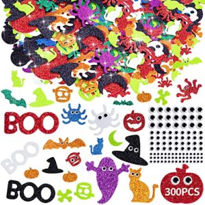 halloween foam stickers 300pcs, 200 self-adhesive foam glitter sticker & 100 wiggle eyes, pumpkin ghost diy crafts for halloween thanksgiving party