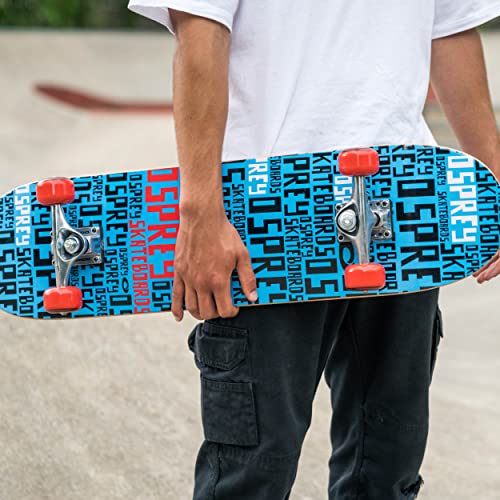 Osprey Complete Skateboards for Beginners | 31 x 8 Inch Skateboard for Kids Teens Adults with 7 Layer Canadian Maple Deck, Double Kick Concave Skateboard for Riding and Tricks, Multiple Designs
