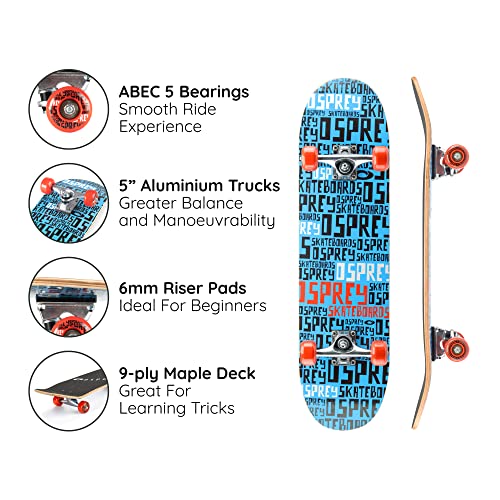 Osprey Complete Skateboards for Beginners | 31 x 8 Inch Skateboard for Kids Teens Adults with 7 Layer Canadian Maple Deck, Double Kick Concave Skateboard for Riding and Tricks, Multiple Designs