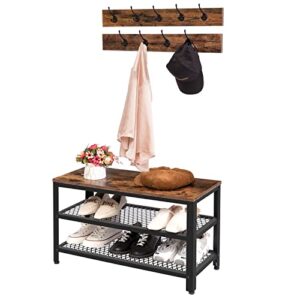 HOOBRO Coat Rack Shoe Bench, Hall Tree Entryway Storage Bench, Shoe Rack Organizer with Coat Hooks, 3-in-1 Design, Wood Furniture with Metal Frame, Rustic Brown and Black BF17MT01