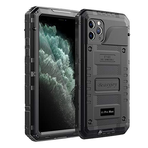 Beasyjoy iPhone 11 Pro Max Case Waterproof Metal Case Heavy Duty Built-in Screen Full Body Protective Shockproof Military Grade Black