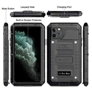 Beasyjoy iPhone 11 Pro Max Case Waterproof Metal Case Heavy Duty Built-in Screen Full Body Protective Shockproof Military Grade Black