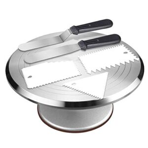 12.2” rotating cake decorating turntable for cakes,cake turntable - 12'' rotating cake decorating stand with 2 angled icing spatulas and 3 comb icing smoother