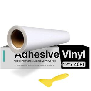 white permanent vinyl, white adhesive vinyl for cricut - 12" x 40 ft white vinyl roll for cricut, silhouette, cameo cutters, signs, scrapbooking, craft, die cutters