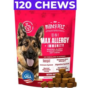 mighty petz max dog allergy relief chews - itch free skin - immune supplement with omega 3 fish oil + probiotics + colostrum. skin & coat health + digestion.120 dog allergy chews for pets
