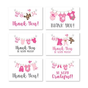 24 pink clothesline baby shower thank you cards with envelopes, girl sprinkle thank-you note, 4x6 gratitude card gift for guest pack, gender reveal diy so grateful varied onesie event stationery